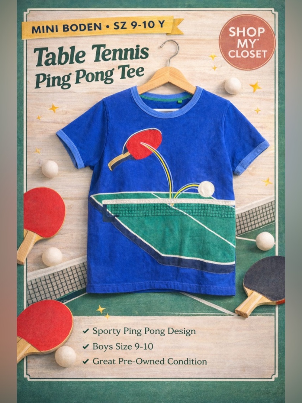 Mini Boden Blue Table Tennis Ping Pong Kids Tee size 9 - 10 y